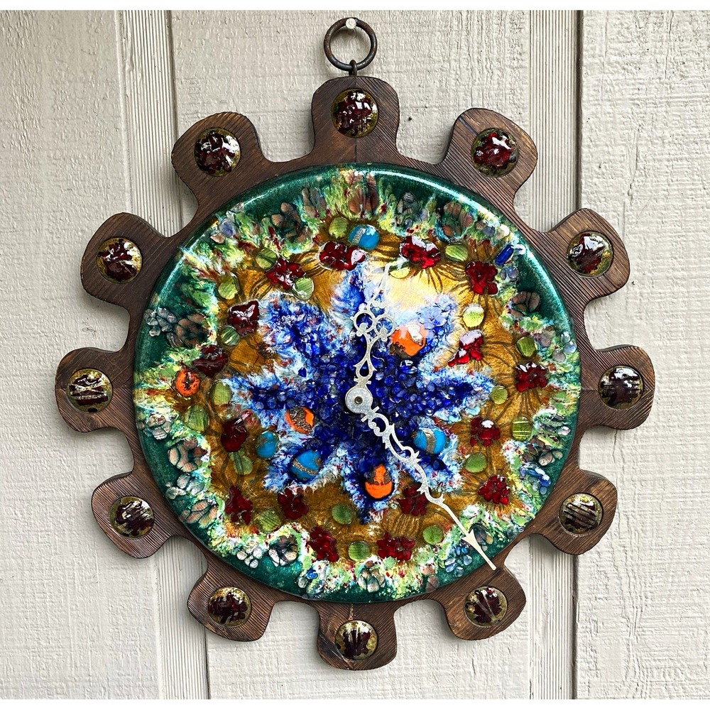 Vintage Multicolor Analog Quartz Battery Wall Clock, Round Wood Frame, Rare